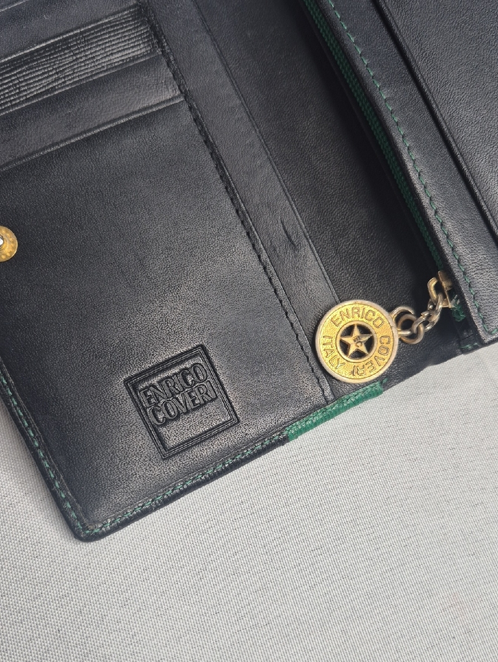 ENRICO COVERI Green & Black Colorblock Leather Wallet Made In Italy - Picture 15 of 16